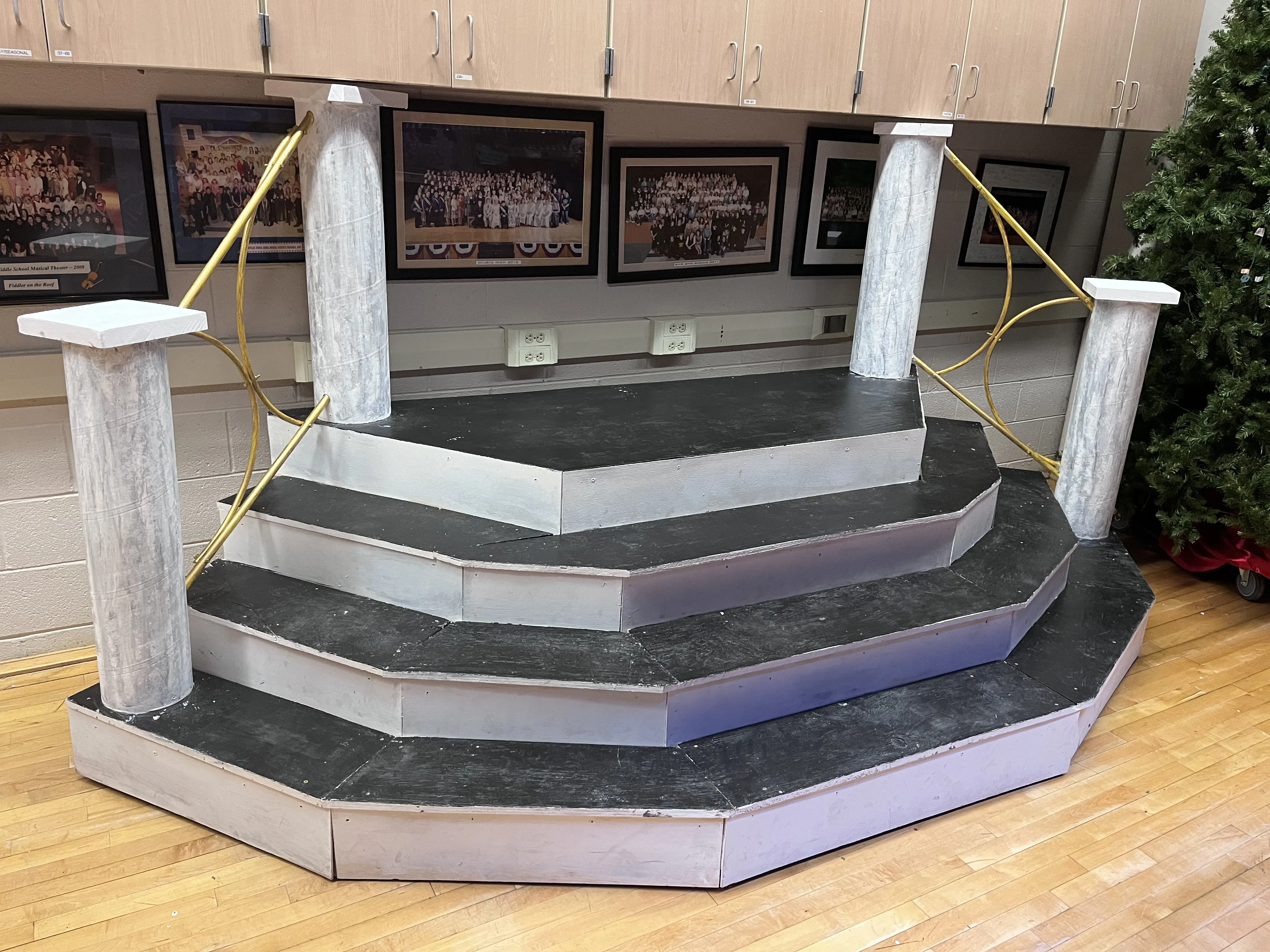 The Warbucks staircase platform during construction, before the backdrop was hung
