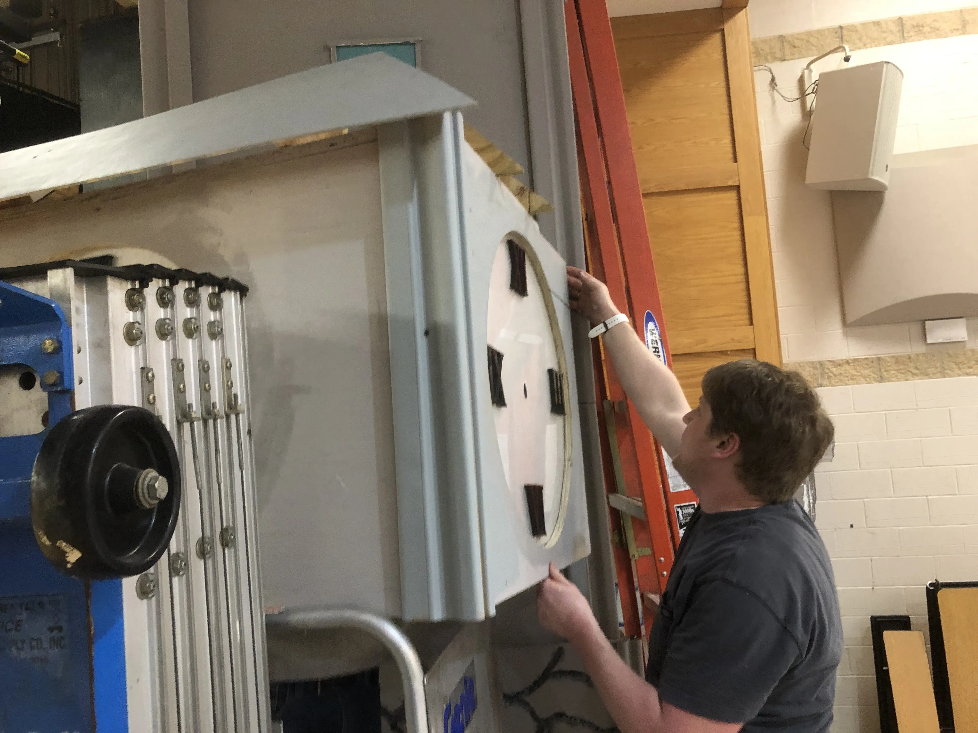 The tower lit with blue LED lighting — the pre-show look the audience sees when they arrive