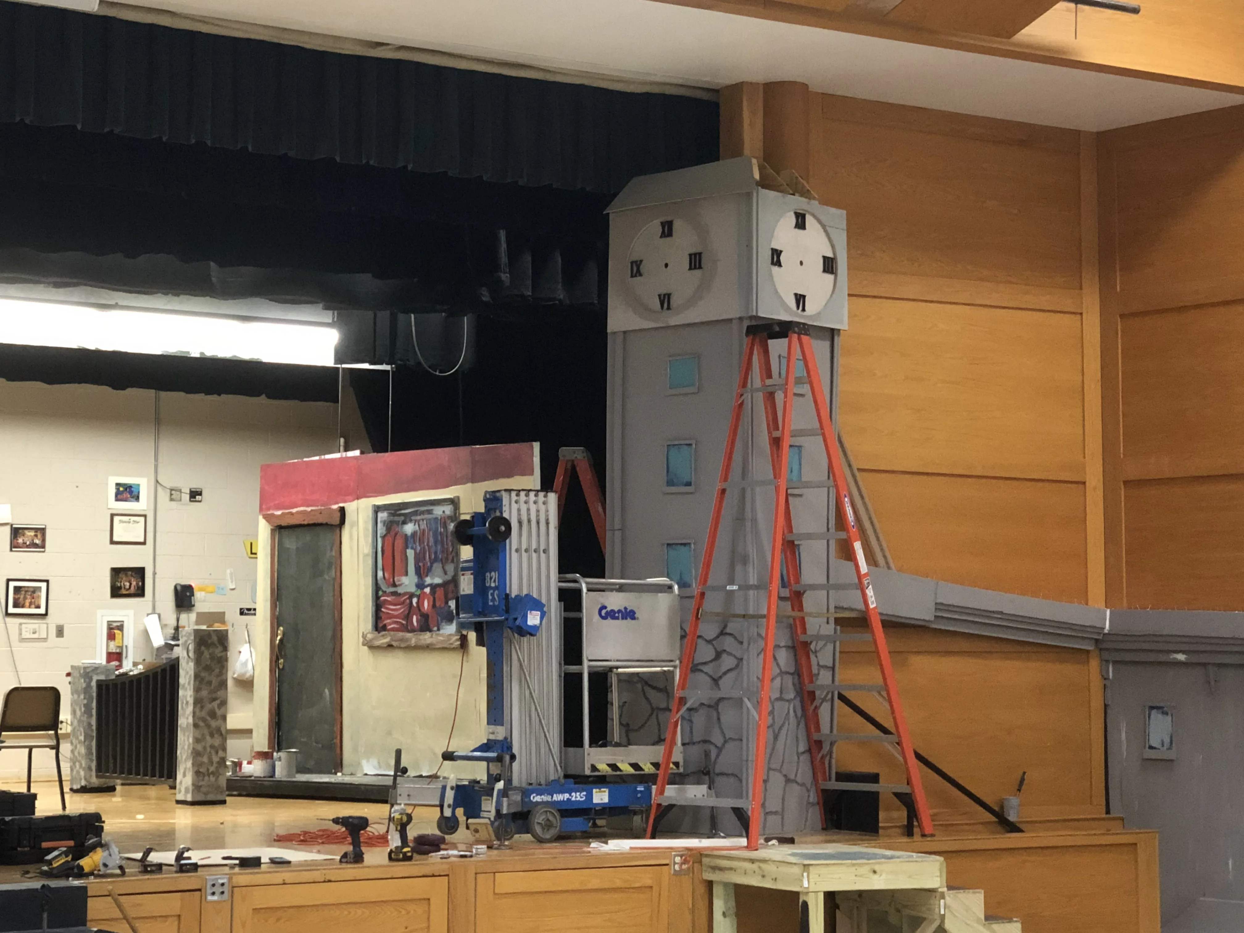 Installing the clock tower using the Genie AWP-25S personnel lift