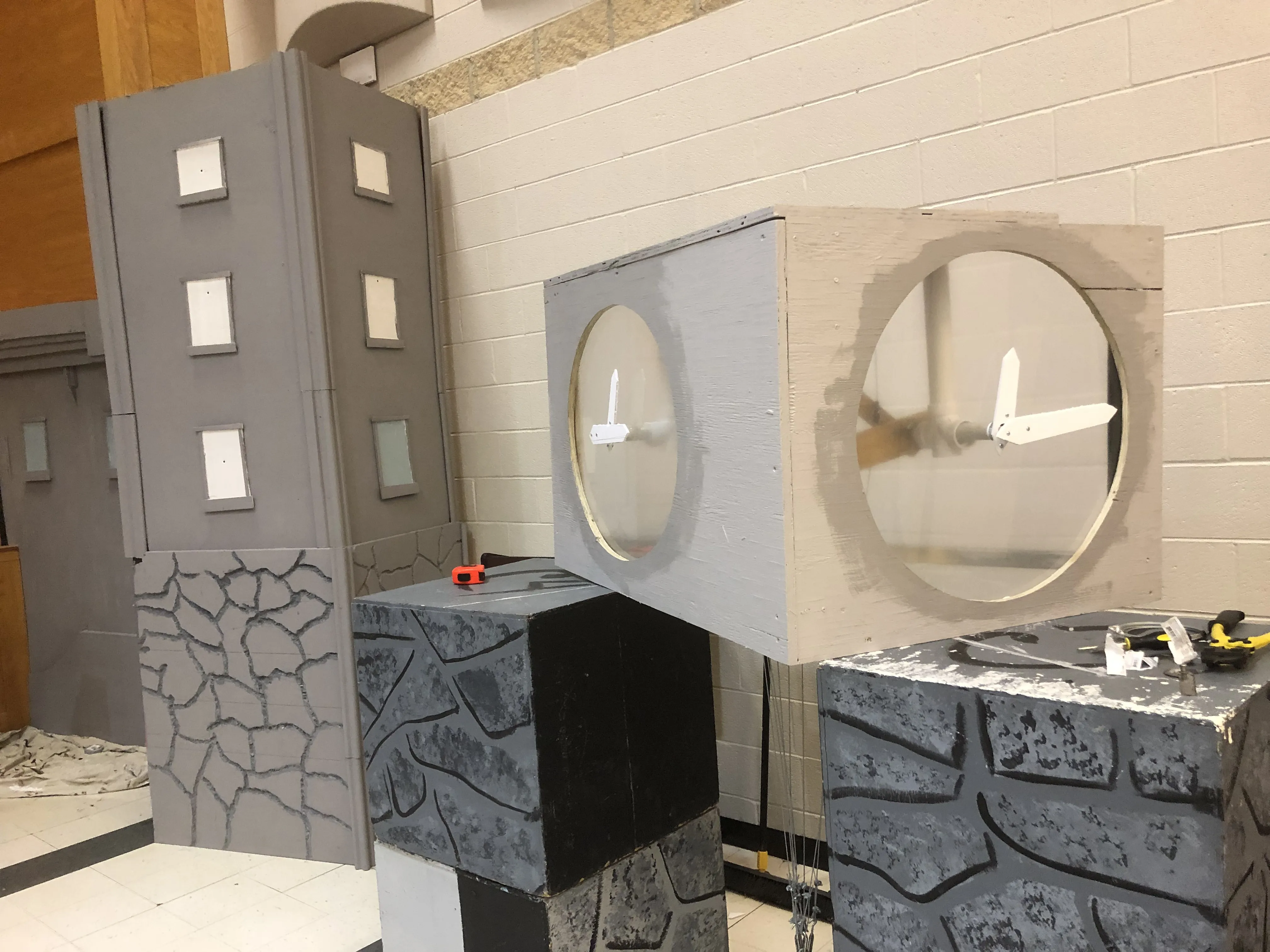 The tower sections assembled and painted against the wall before installation