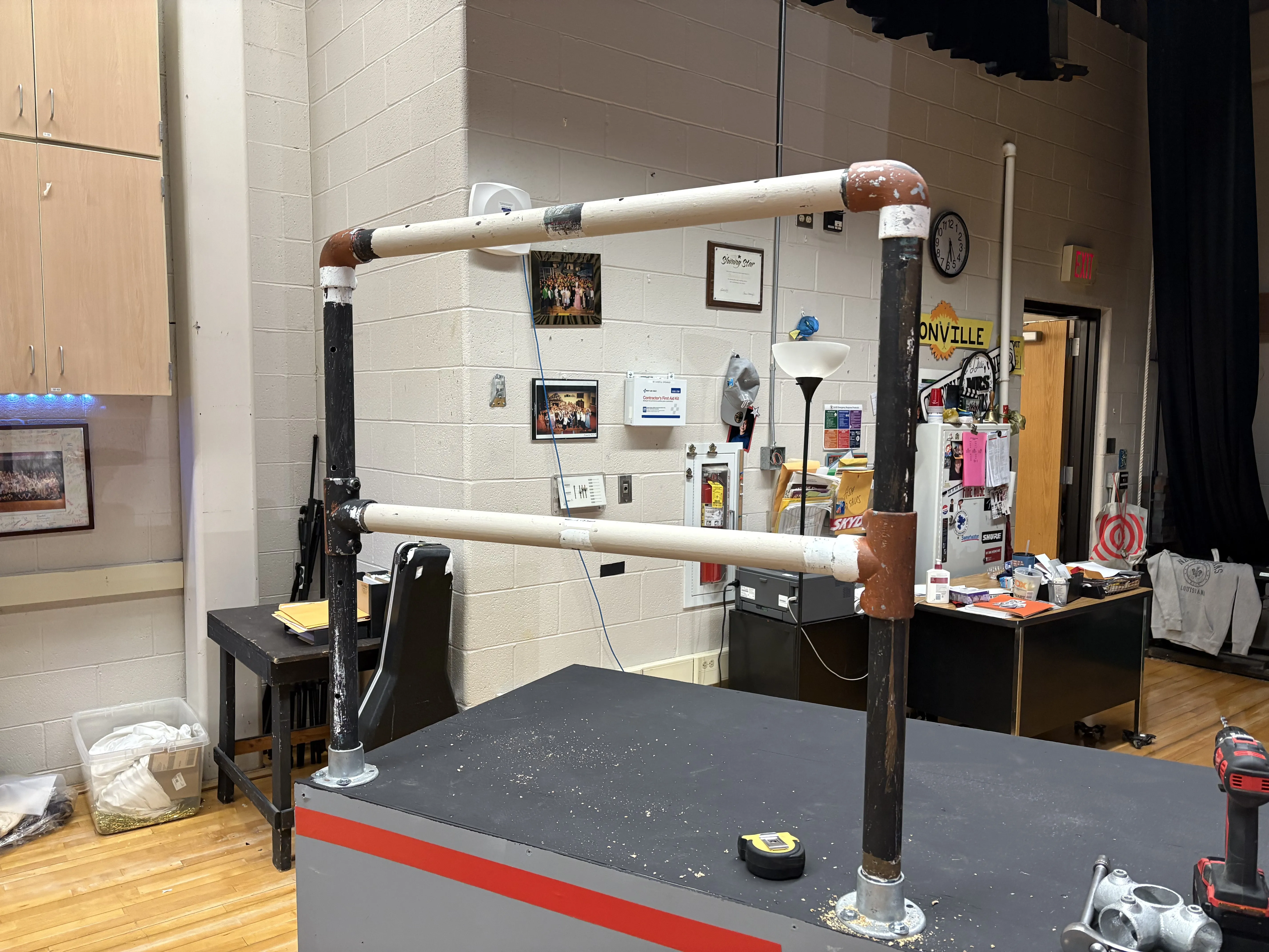 The pipe railings assembled and installed on the platform