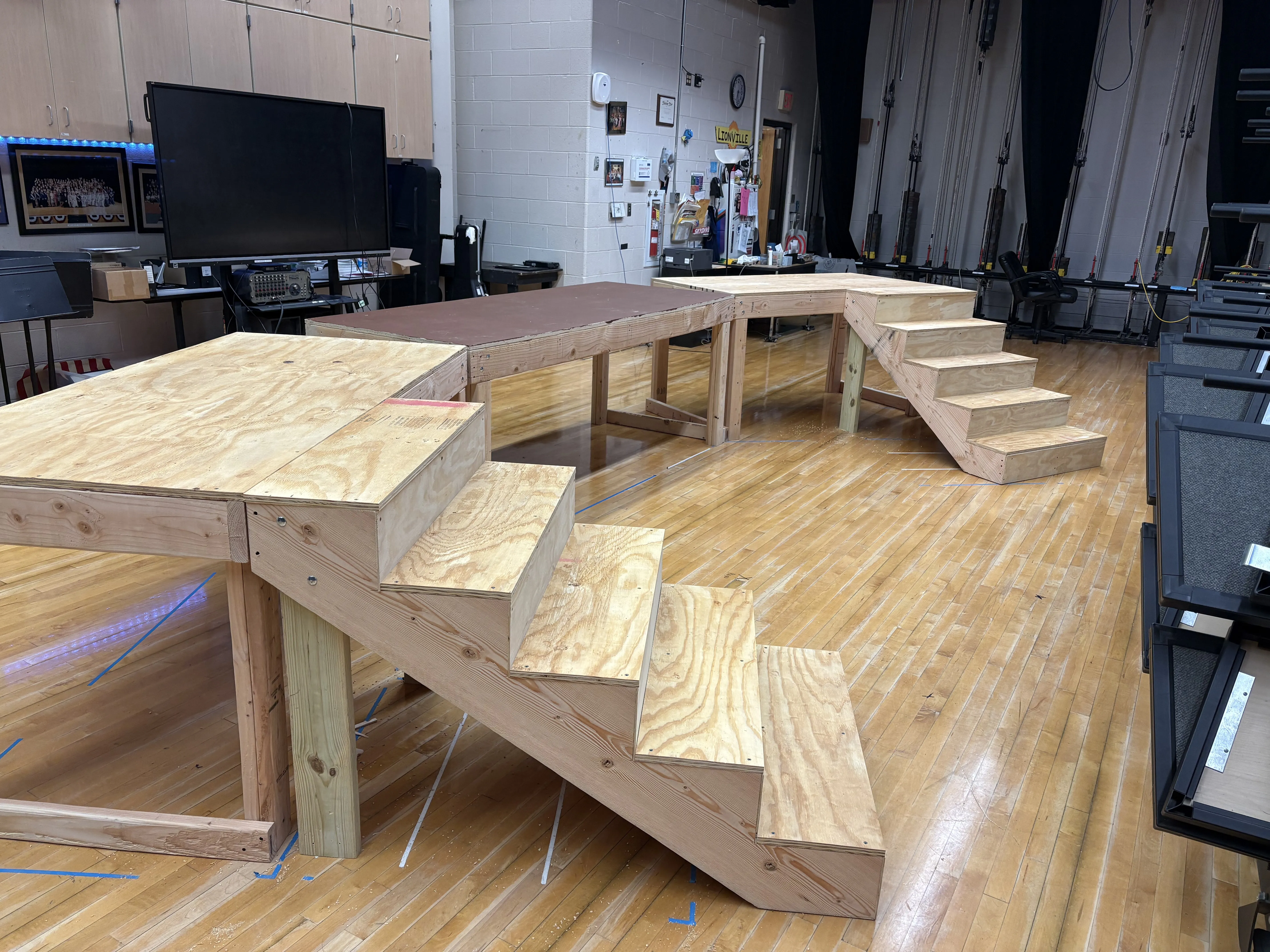 Platforms and staircases assembled — natural wood before painting